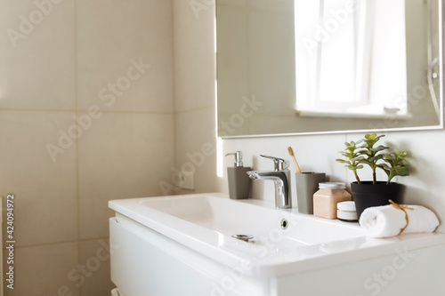 Washbasin in bathroom  bath accessories. Household  hotel cleaning concept