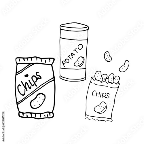 set of potato chips isolated on white background. chips in the plastic bag and can. salty snack. crunchy slice potato. hand drawn vector. doodle art for logo, brand, label, coloring, poster, advert. 