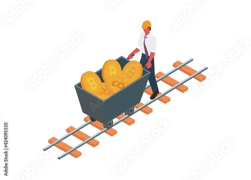 Businessman pushing mining trolley contains bitcoin. Simple flat illustration.