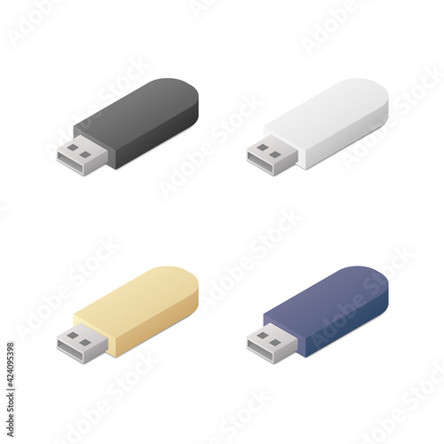 Isometric flash memory set. Colored vector illustration. Electronic data storage device. Isolated on white background.