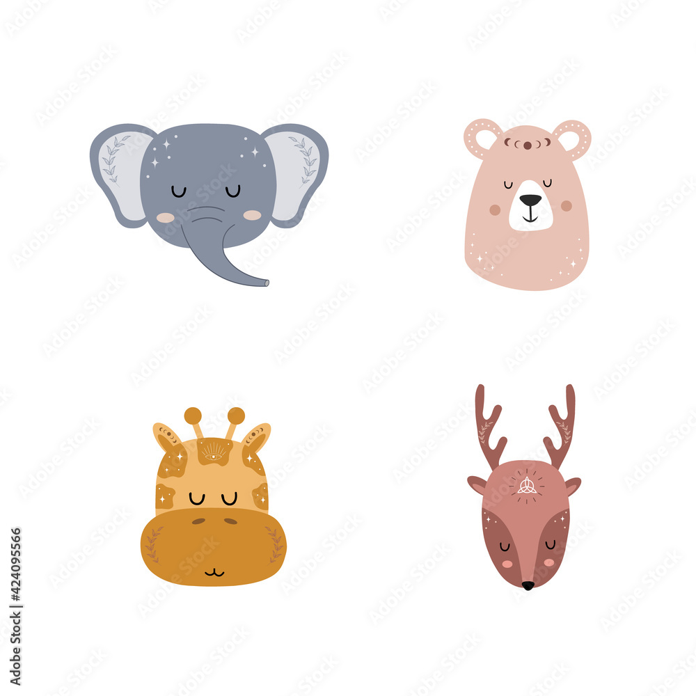 Set of boho animals. Cute hand drawn elephant, giraffe, bear, deer
