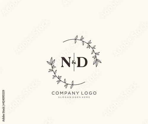 initial ND letters Beautiful floral feminine editable premade monoline logo suitable for spa salon skin hair beauty boutique and cosmetic company.
