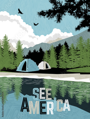 Scenic landscape with mountains, forest and lake with camping tents. Summer travel poster or sticker design. Vector illustration.