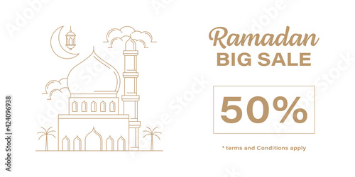 Ramadan kareem big discount banner shopping line art vector design template  mosque  moon  lantern