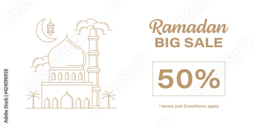 Ramadan kareem big discount banner shopping line art vector design template, mosque, moon, lantern