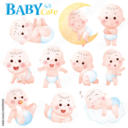 Watercolor Baby Care Illustration – Adorable Baby Activities and Expressions