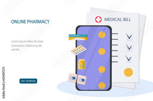 Online pharmacy. Invoice. Medicines in a blister pack. Phone and  bill for payment. The concept of healthcare, online ordering or buying medicines over the Internet. Template. Vector.