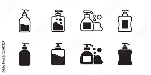 Liquid soap  hand sanitizer  body gel icon set. Vector graphic illustration. Suitable for website design  logo  app  template  and ui. 