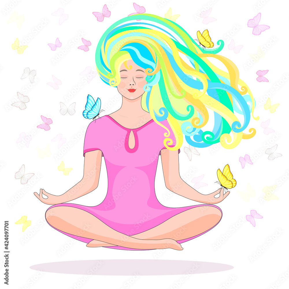 A woman meditates in nature . The lotus position. Butterflies fly. Concept illustration for yoga, meditation, relaxation, relaxation, healthy lifestyle. illustration