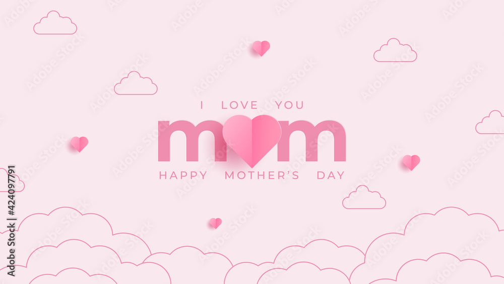 Mother postcard with paper flying elements on pink background. Vector symbols of love in shape of heart for Happy Mother's Day greeting card design.
