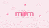 Mother postcard with paper flying elements on pink background. Vector symbols of love in shape of heart for Happy Mother's Day greeting card design.
