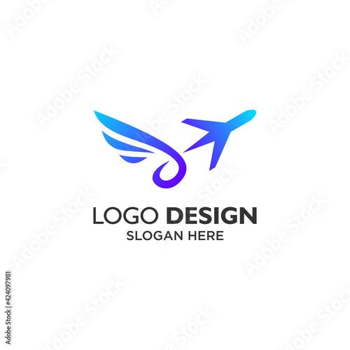 blue plane and wing for travel logo design