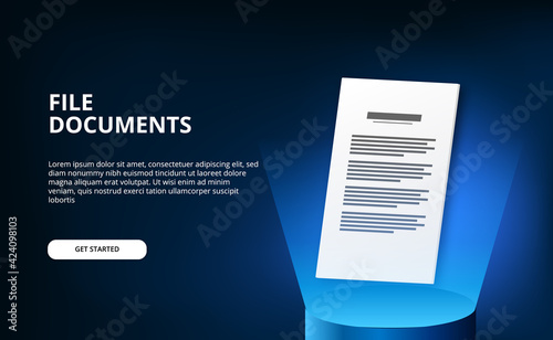 3d file documents paper with 3d cylinder podium with blue light technology for information business data archive