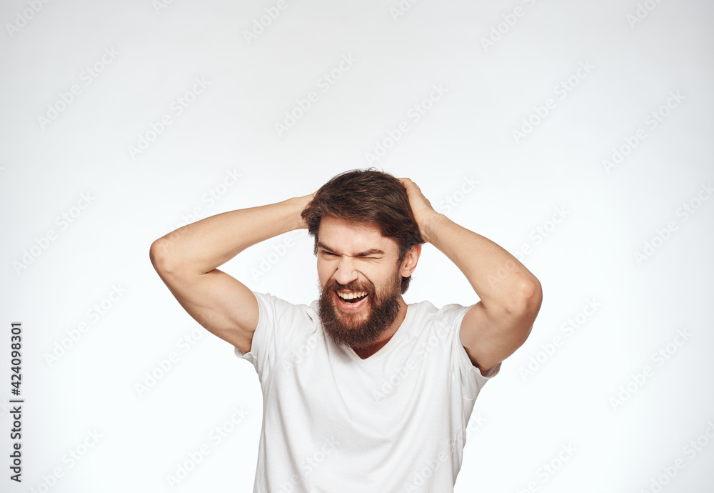 Energetic man on white background gesturing with hands cropped view Energetic man on white background gesturing with hands cropped view