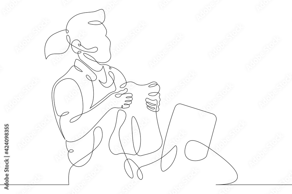 Seller cashier of a restaurant in a street fast food cafe at work. Drinks and meals. Carbonated drinks and sandwiches.One continuous drawing line  logo single hand drawn art doodle isolated minimal il