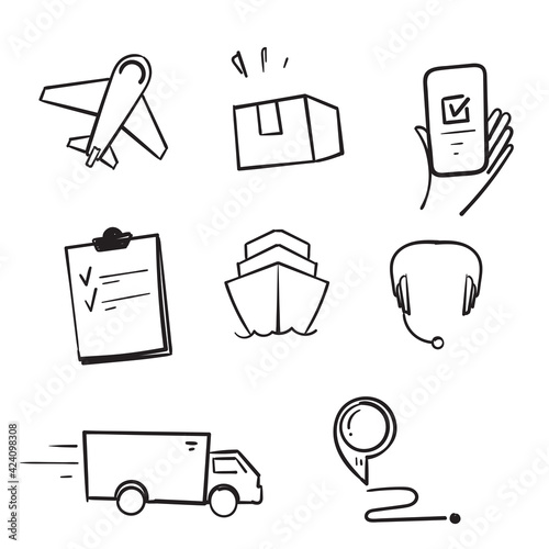 hand drawn doodle icon related to shipping, logistics, customer service, illustration isolated