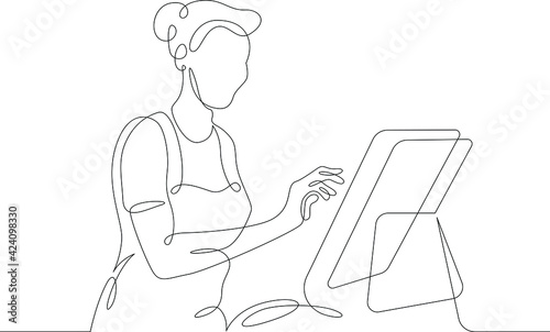 Seller cashier of a restaurant in a street fast food cafe at work. Drinks and meals. Carbonated drinks and sandwiches.One continuous drawing line  logo single hand drawn art doodle isolated minimal il