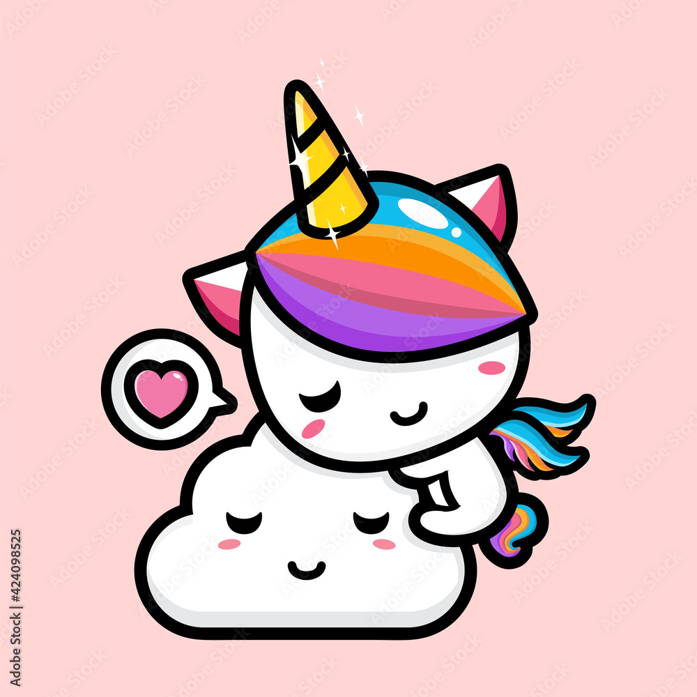 vector design of cute cartoon unicorn hugging a cloud