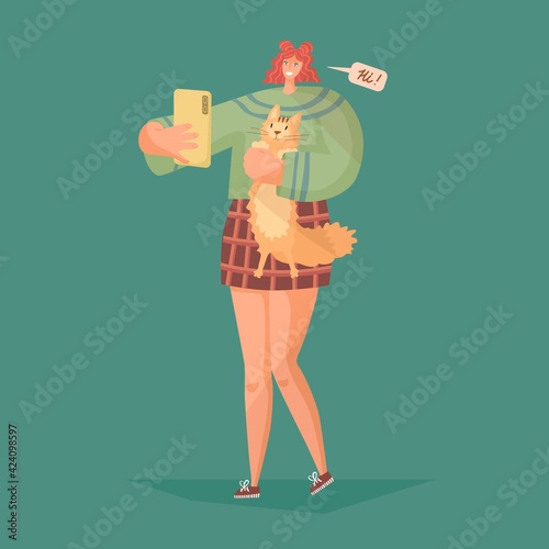 Girl makes selfy with her cat. Vector illustration. Video conference with friends. Gadget, communication technology, conversations, friendship, telephone, social media, content making.