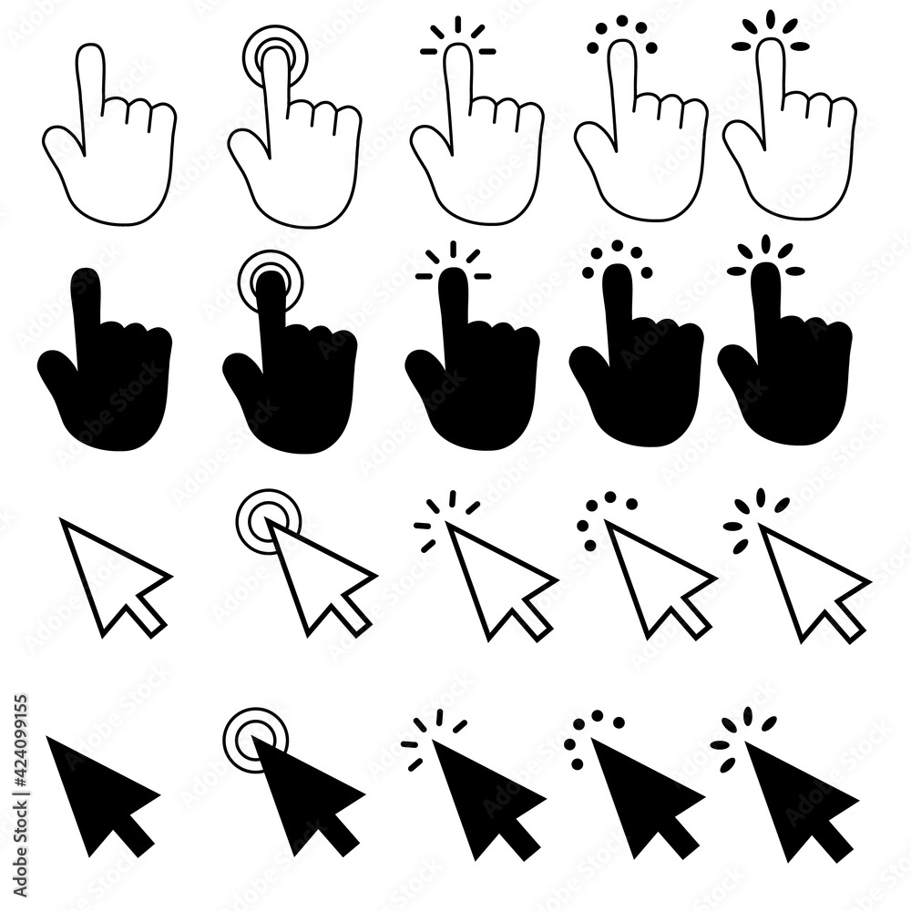 set of pointer cursor сomputer mouse icons on white background. hand
