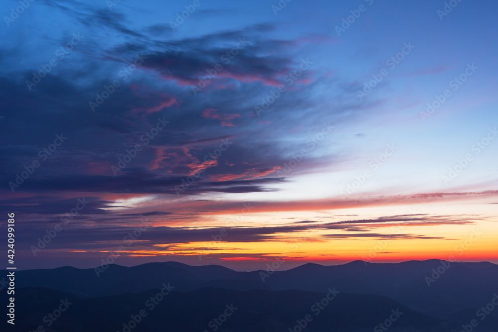 Very beautiful dawn in the Ukrainian Carpathian mountains in summer.