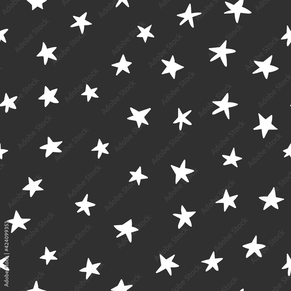 White stars on a black background. Vector illustration. Seamless Pattern. Simple. Textile, paper design. Childish clothes. White stars on a black background. Vector illustration. Seamless Pattern. Simple. Textile, paper design. Childish clothes.