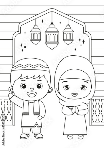colouring page of moslem children dressed in ramadan clothes