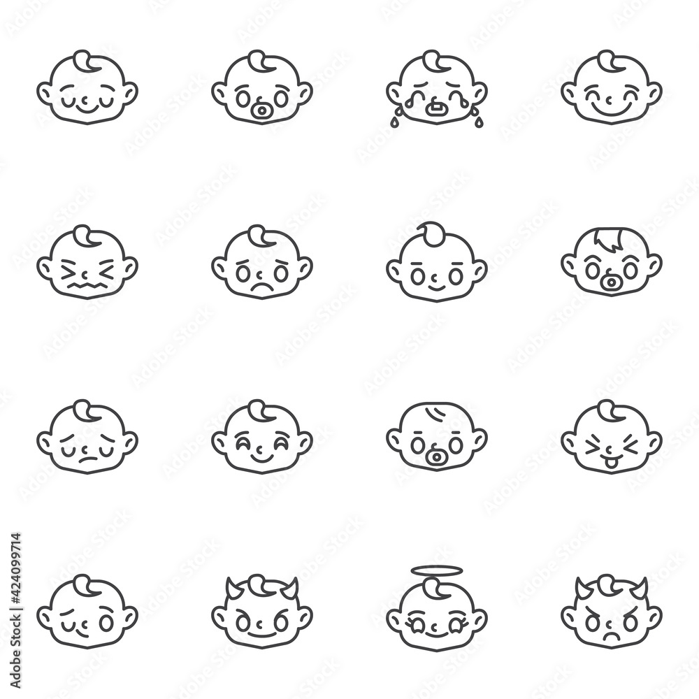 Baby face emoji line icons set