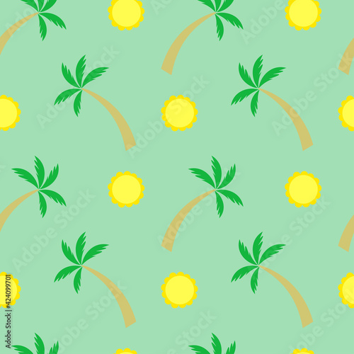 Tropical palm tree and sun on a green background. © aljna