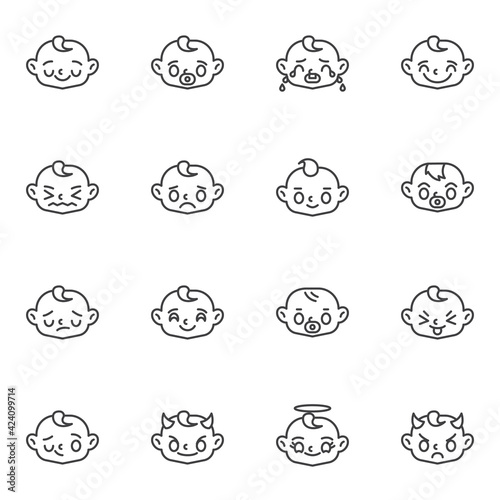 Baby face emoji line icons set