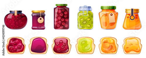 Jam jars and bread toasts, glass containers with fruit jelly of peach, apricot, sea buckthorn, cherry and kiwi or strawberry. Colorful gelatin marmalade in packs, preserve tubes, Cartoon vector set