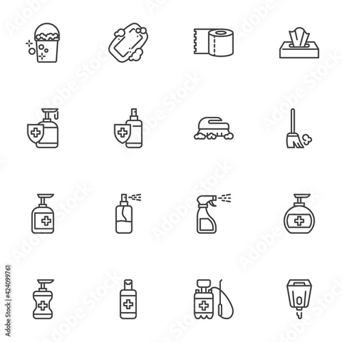 Cleaning and disinfection line icons set