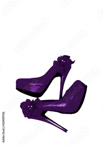 Dressed shoes on the platform with a bow on a high thin heel. Shoes. Purple