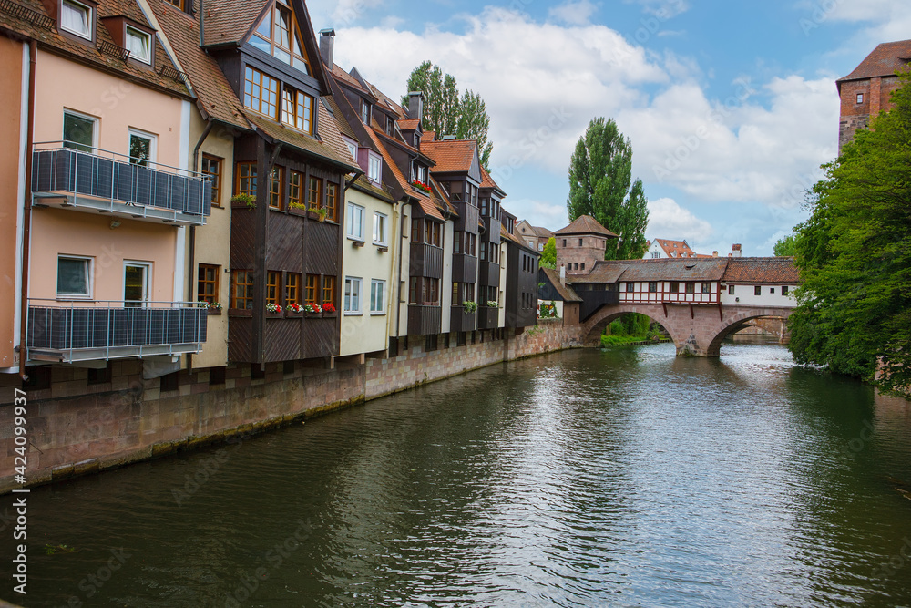 Beautiful old houses and bridges over the canals in Nuremberg, Bavaria, Germany