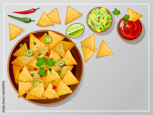 Bowl with nachos, salsa, guacamole and ranch sauces top view. Traditional Mexican food tortilla chips with dressing, lime slice and jalapeno hot chili peppers on table. Cartoon vector illustration
