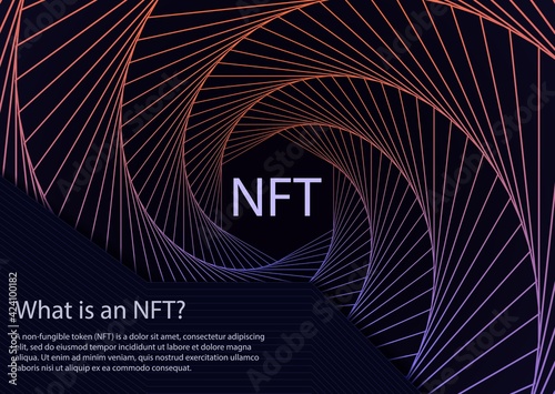 NFT non-fungible token concept of spiral movement lines abstract background. Vector dark web banner with twist hexagon gradient backdrop and non fungible token sign. Modern crypto art concept