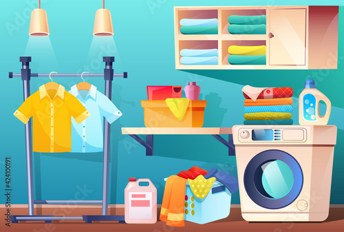 Laundry room with clean or dirty clothes and equipment and furniture. Bathroom with stuff washing machine, basket with dirty stained linen, shelf for towels and detergents, Cartoon vector illustration