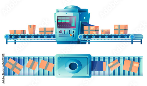 Conveyor belt with cardboard boxes at factory, plant, warehouse or post office. Automated production line with goods or product packages isolated on white background, Cartoon vector illustration