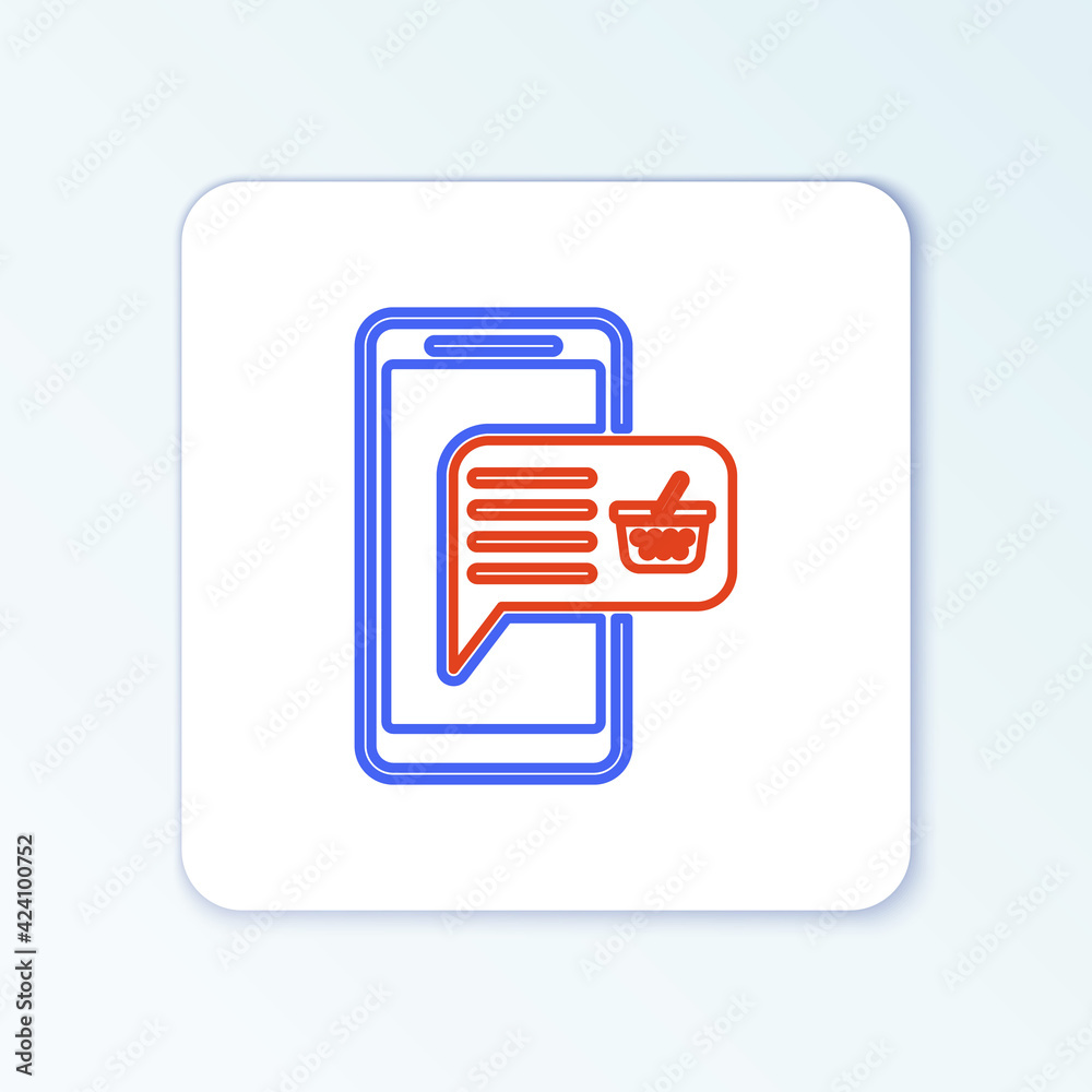 Line Mobile phone and shopping basket icon isolated on white background. Online buying symbol. Supermarket basket symbol. Colorful outline concept. Vector Line Mobile phone and shopping basket icon isolated on white background. Online buying symbol. Supermarket basket symbol. Colorful outline concept. Vector