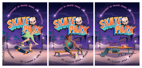 Skate park poster with boy riding on skateboard on rollerdrome. Vector flyer with cartoon cityscape with ramps and teenager jump on track. Playground for extreme sport activity