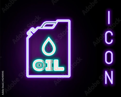 Glowing neon line Plastic canister for motor machine oil icon isolated on black background. Oil gallon. Oil change service and repair. Engine oil sign. Colorful outline concept. Vector