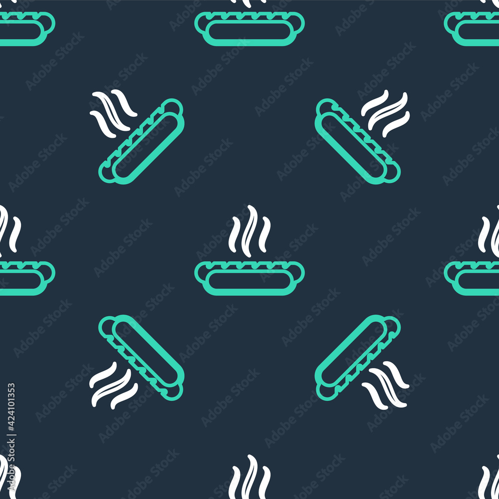 Line Hotdog sandwich with mustard icon isolated seamless pattern on black background. Sausage icon. Fast food sign. Vector Line Hotdog sandwich with mustard icon isolated seamless pattern on black background. Sausage icon. Fast food sign. Vector