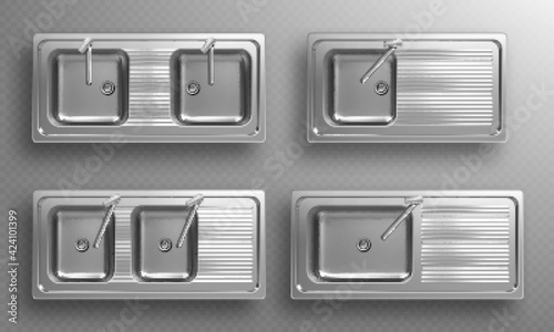 Stainless kitchen sinks with faucets in top view. Vector realistic set of empty steel wash bowls with basin mixer, drain and utensil drainer. 3d double metal sinks isolated on transparent background