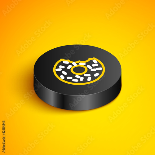 Isometric line Donut with sweet glaze icon isolated on yellow background. Black circle button. Vector