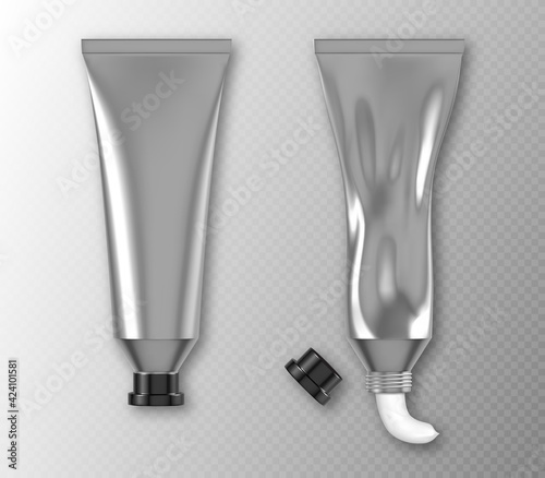 Silver tube package with hand cream, toothpaste or white paint isolated on transparent background. Vector realistic mockup of 3d blank aluminium container with black cap