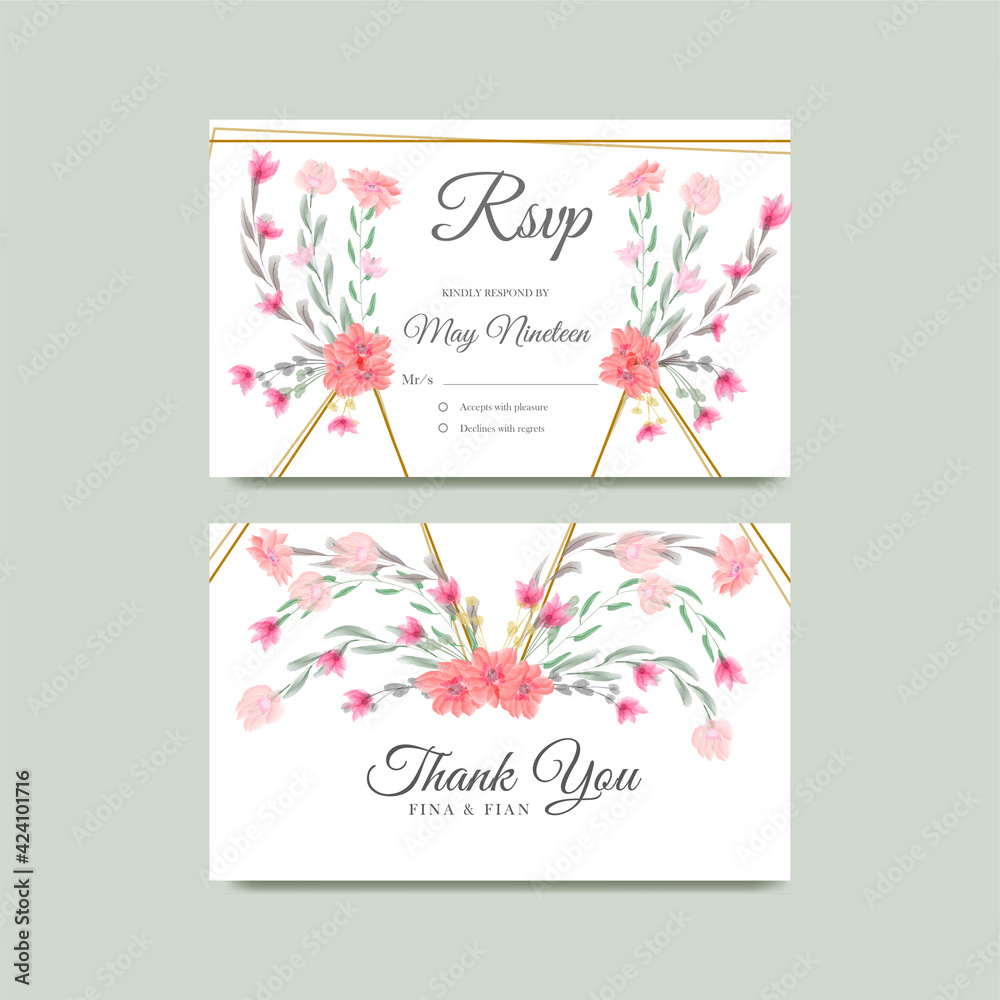 save the date watercolor floral Frame wreath with bouquet Thanks Card