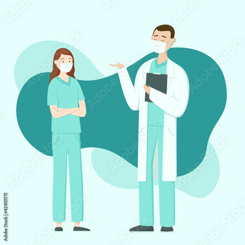 A doctor in a protective mask advises a nurse in a protective mask. Abstract background of blue spots. Vector illustration