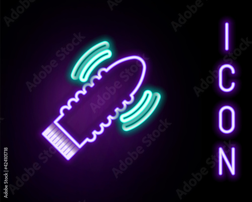 Glowing neon line Dildo vibrator for sex games icon isolated on black background. Sex toy for adult. Vaginal exercise machines for intimate. Colorful outline concept. Vector