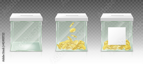 Fotografija Glass money box for tips, savings or donations isolated on transparent background