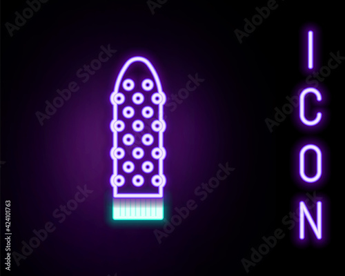 Glowing neon line Dildo vibrator for sex games icon isolated on black background. Sex toy for adult. Vaginal exercise machines for intimate. Colorful outline concept. Vector